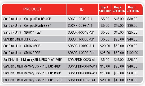 Sandisk Memory Crad Rebates Spring 2009