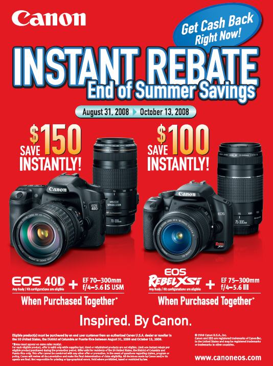 Canon Fall 2008 rebates on EOS 40D and Rebel XSi kits